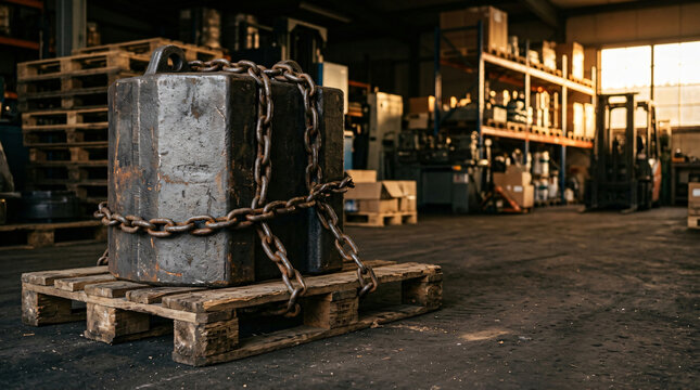 Heavy industrial cast iron block secured with rusty metal chains on a wooden pallet inside a large manufacturing warehouse with storage shelves, forklift truck, and warm ambient sunlight streaming.