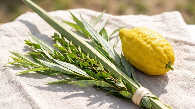 Traditional Jewish Sukkot holiday symbols four species with etrog and lulav bouquet
