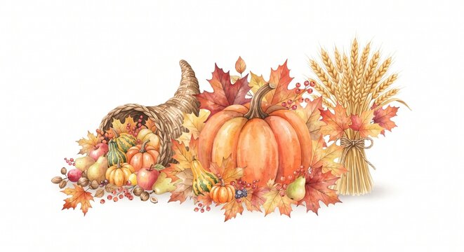 Watercolor Thanksgiving harvest composition with cornucopia big orange pumpkin and wheat sheaf isolated
