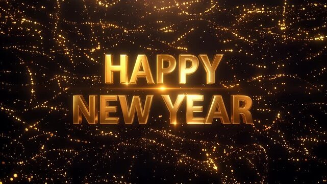 Golden Happy New Year text animation with sparkling particles on dark background