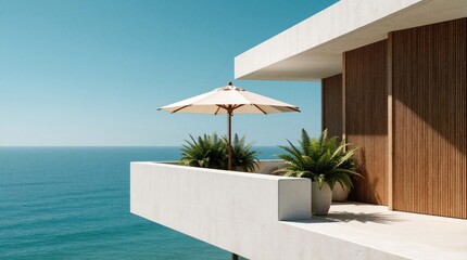Fototapeta premium Modern luxury balcony overlooks blue ocean horizon. Minimalist terrace with white concrete walls, wooden slats, large potted plants. Cream patio umbrella stands on deck under bright sunny sky.