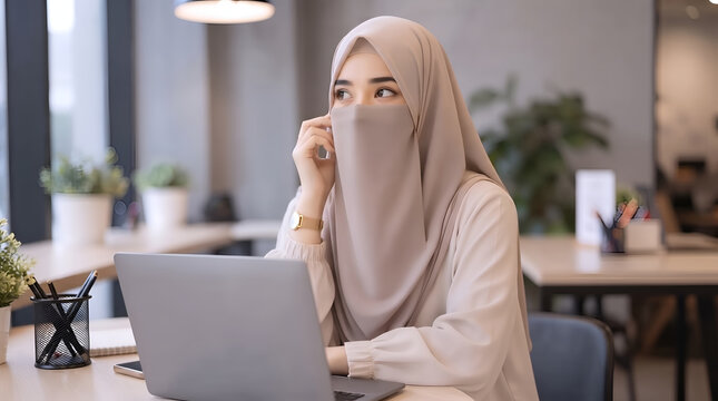 Young Muslim woman wearing niqab talking on smartphone while working