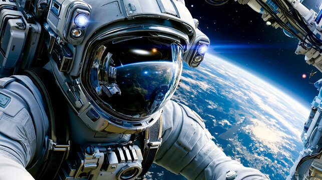 A digital artwork depicting an astronaut in a space suit with a helmet looking out at a view of Earth from space