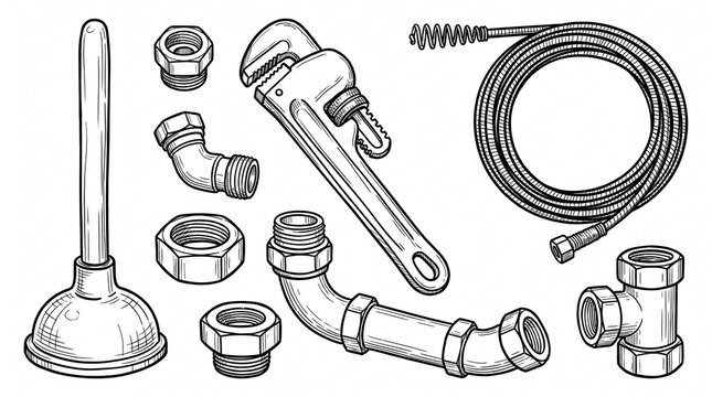 Household plumbing hardware tools line art doodle graphic collection hand drawn minimalist layout containing professional plumbing plunger adjustable pipe wrench connector joints outline