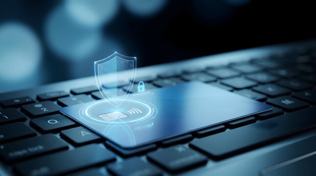 Secure online payment concept with credit card on keyboard and digital shield lock and NFC symbol overlay