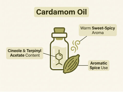 Cardamom oil infographic illustration featuring a glass bottle of essential oil next to a green spice pod, accompanied by descriptive chemical and aroma labels.