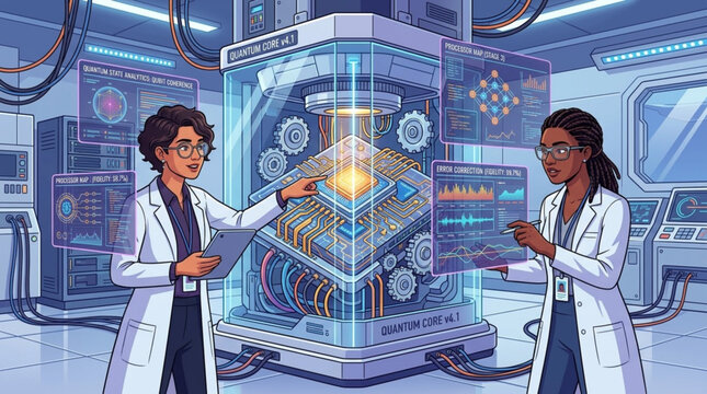Female researchers monitoring a quantum computer core with holographic data interfaces in a lab scientist hologram laboratory processor technology research