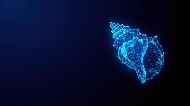 Futuristic glowing blue wireframe shell in digital plexus hologram style, representing cyber neural networks and advanced technology on dark gradient background