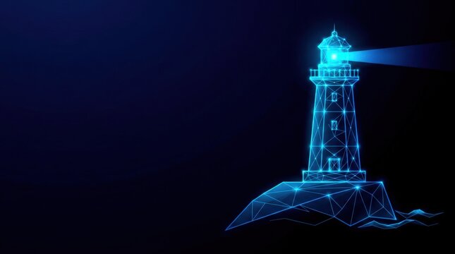 Futuristic glowing blue wireframe lighthouse in digital plexus hologram style, representing advanced cyber technology and innovation on dark gradient background.