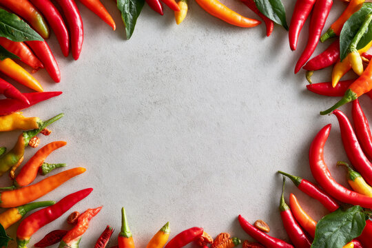 Variety of Peruvian chili peppers arranged in a circle on a white background with space for text.