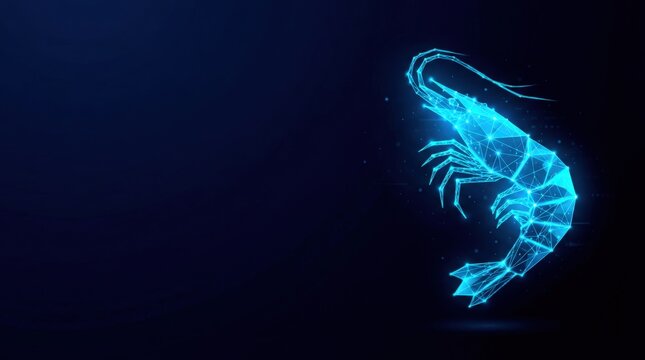 Futuristic glowing blue wireframe shrimp in digital plexus hologram style, representing artificial intelligence and cyber technology on dark gradient background