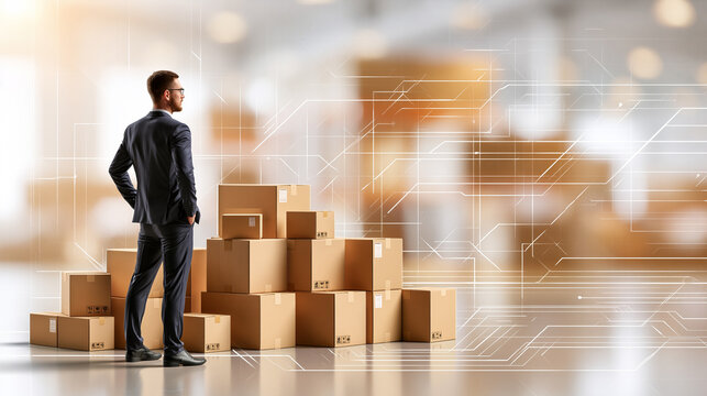 Businessman envisioning future logistics and supply chain optimization with digital technology