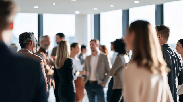 Diverse business professionals networking at corporate event, blurred background highlighting dynamic interaction