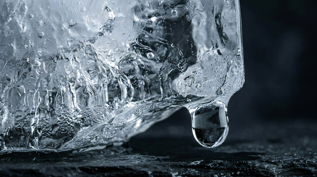 Macro close-up shot of a melting block of clear ice with a single large water droplet hanging from the edge against a dark textured background symbolizing environmental crisis and climate ch