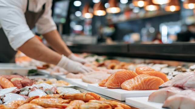 Fishmonger arranging fresh salmon fillets, shrimp, and seafood on display in a supermarket counter