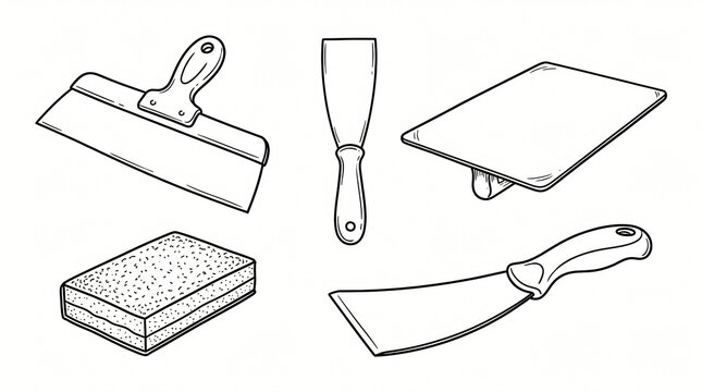 Professional plastering drywall finish tools line art doodle graphic collection hand drawn wide metal trowel putty knife plastering hawk foam sanding block pad wallpaper scraper asset