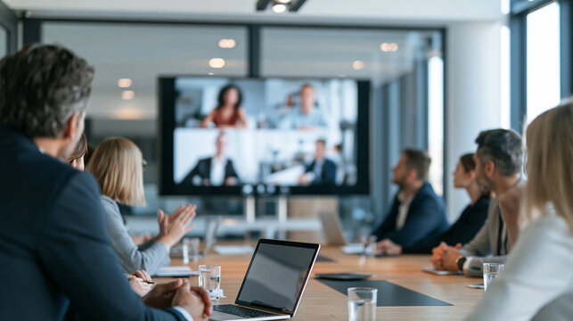 Business professionals speaking attending a video conference meeting in modern office boardroom, collaborating online