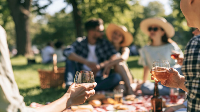 Friends enjoying outdoor picnic, clinking glasses with rose wine, celebrating leisure time in sunny park