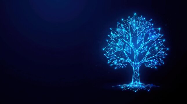 Futuristic glowing blue wireframe tree in digital plexus hologram style, representing advanced cyber technology and futuristic data networks on dark gradient background