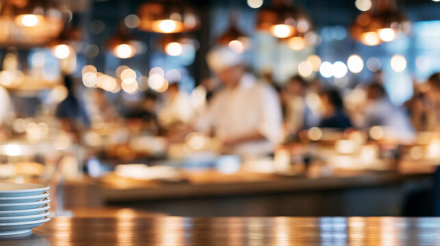 Busy restaurant interior with warm bokeh lights and chef working, creating inviting ambiance for dining experience