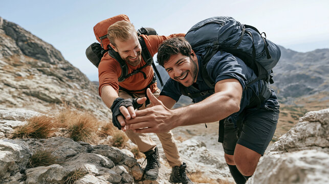 Two men helping each other hiking up rocky mountain trail, smiling, enjoying outdoor adventure