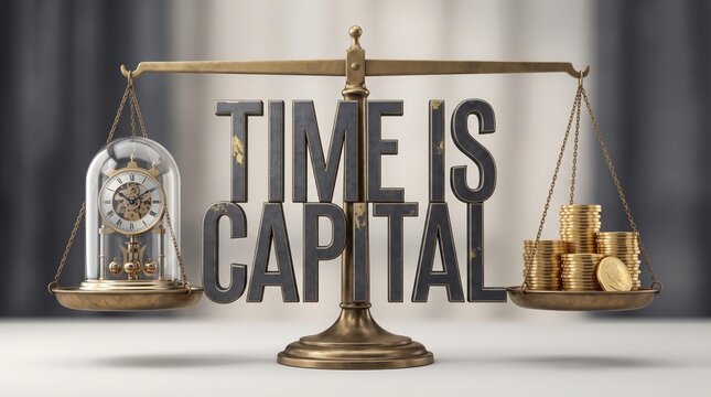Time Is Capital Concept with Balance Scale, Clock and Coins