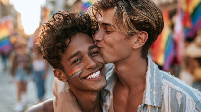 Young men couple celebrating love and diversity at pride event, one kissing the other, expressing affection