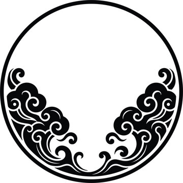 Oriental circular panel with vintage Japanese wave scroll ornament and minimalist circle border design element vector