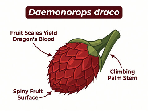 Daemonorops draco spiny fruit surface showing scales that yield dragon's blood resin and climbing palm stem botanical characteristics.