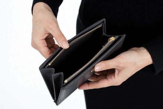 Closeup of woman hands holding open empty black leather wallet. Female person shows nothing inside purse. Concept of poverty, bankruptcy, financial crisis, zero balance, no money, lack of cash,