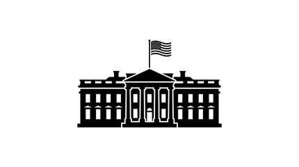 Fototapeta premium Minimalist black silhouette icon of the White House building with an American flag.