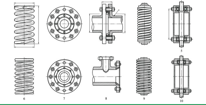 Mechanical engineering blueprint icons pack featuring compression springs pipe flanges cross sections and valve technical drawings vector