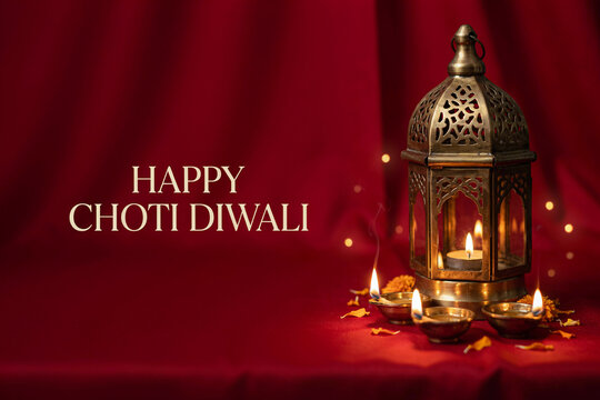 Happy Choti Diwali greeting with traditional metal lantern and oil