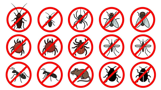 Pest control icon set with prohibited insects, rodents, parasites and bugs