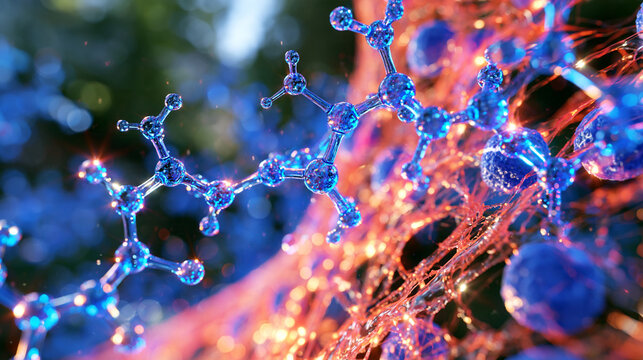 Human growth hormone molecules glowing within a stylized microscopic environment of muscle fibers and biological cells, conceptual female fitness and body sculpting theme, sophisticated laboratory a