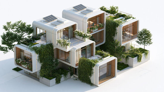 White Modular Homes with Integrated Gardens in Sustainable Design Concept
