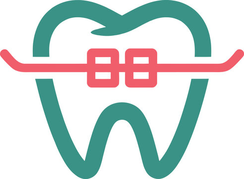 Minimalist vector logo graphic featuring a stylized teal tooth wearing pink braces, symbolizing dental care, orthodontics, oral hygiene, and modern dentistry services