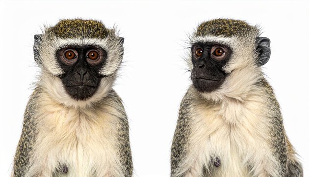 Vervet monkey front and back views showing natural fur and long tail isolated on white