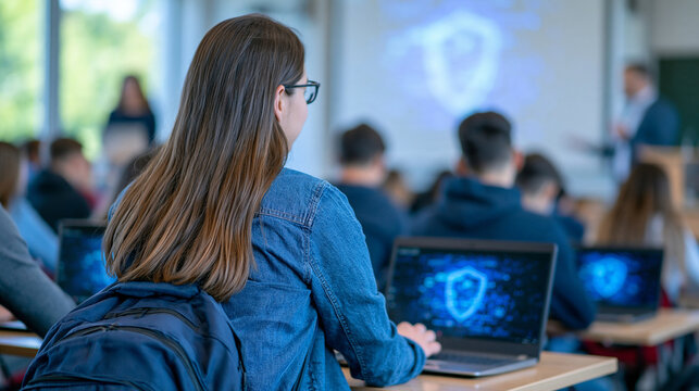 Rear view of diverse teenagers participating in a bright modern classroom cybersecurity lesson, students using laptops with glowing shield graphics on screens, large projector displaying a prominent