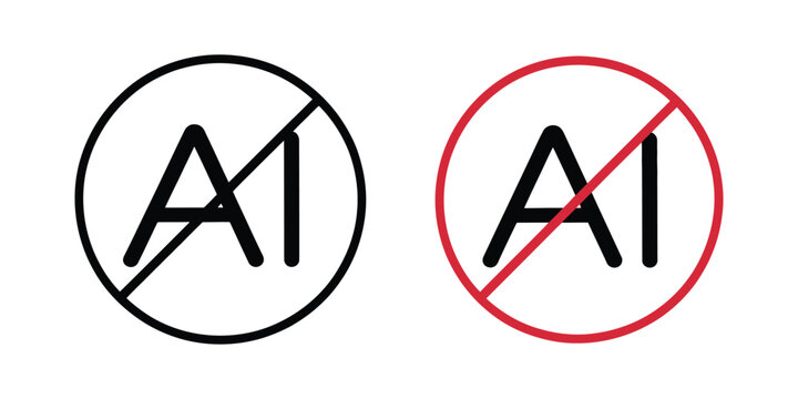No AI sign, flat outline icon in black, artificial intelligence prohibition symbol, restricted technology concept, minimalist vector illustration for digital safety.