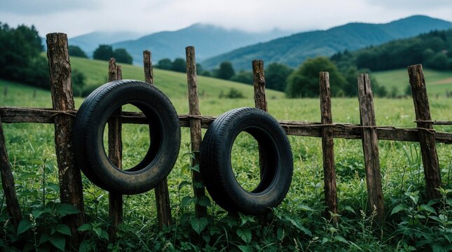 Old rubber tires hang on rustic wooden fence in green countryside. Used car wheels attached to weathered timber boundary. Scenic view of mountains, meadows in summer. Rural farm landscape with grass,