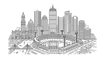 Obraz premium Panoramic Boston city skyline with iconic baseball stadium drawing.