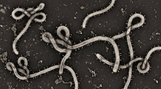 Ebola virus microscopic view for medical research, scientific study of dangerous pathogens, high resolution electron microscope imagery.