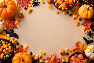 Fototapeta premium Halloween candy border surrounding clean central copy space, featuring colorful sweets, pumpkins, autumn leaves, spiders, and festive seasonal decoration.