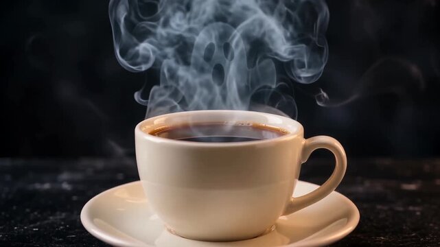 Cozy coffee cup with ghost-shaped steam on dark background