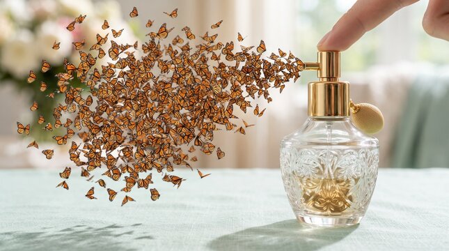 A glass perfume bottle spraying out a dense magical cloud of hundreds of miniature flying monarch butterflies representing the untamed floral scents of nature.