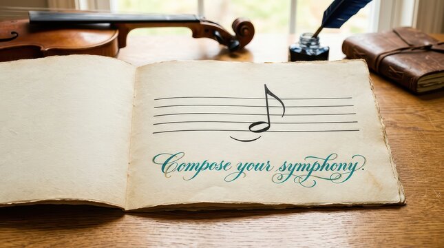 Open sheet music book with musical notes and calligraphy, violin and inkwell on wooden table