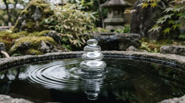 Stacked glass spheres balancing in a stone water basin, creating ripples in a serene Japanese garden setting for meditation and mindfulness