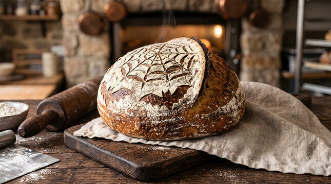 Freshly baked sourdough loaf with Halloween spider web and bat design scored on the crust on a dark wooden board