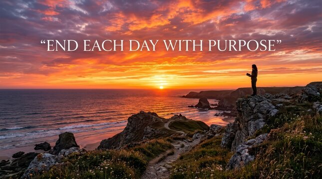 Person standing on cliff overlooking ocean at sunset with inspirational quote "End Each Day With